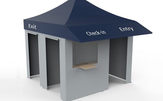 Grey vaccination tent with blue roof, three doors and one window on a white background. On the roof is written Check-In, Entry and Exit in white