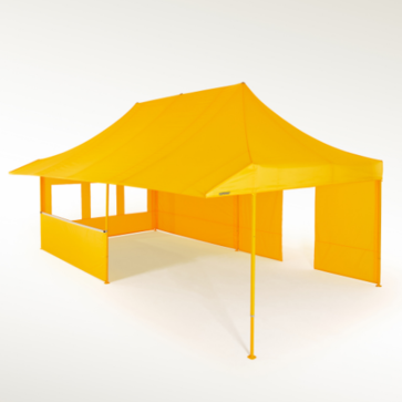 Sárga összecsukható pavilon 8x4 m, ajtóval és ablakokkal ellátott oldalfalakkal, előugró tetővel és sárga szerkezettel - Mastertent