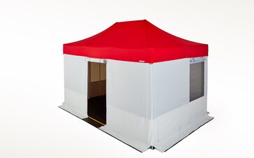 Tenda speciale Kit-Rescue in rosso e bianco con pareti laterali e pavimento