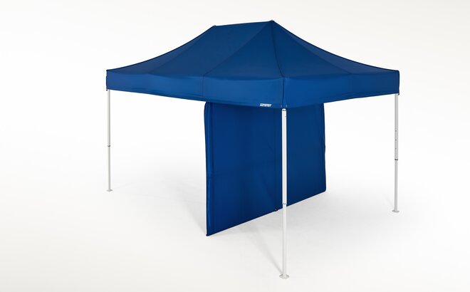 Blue gazebo with an internal partition wall.
